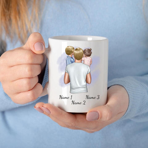 Personalisierte Tasse - Vater mit Kindern (jüngere Tochter und Sohn)