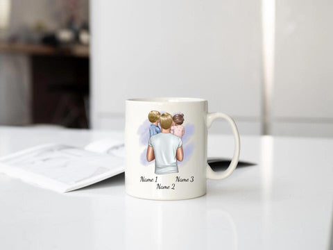 Personalisierte Tasse - Vater mit Kindern (jüngere Tochter und Sohn)