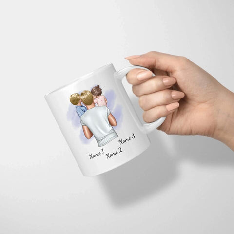 Personalisierte Tasse - Vater mit Kindern (jüngere Tochter und Sohn)