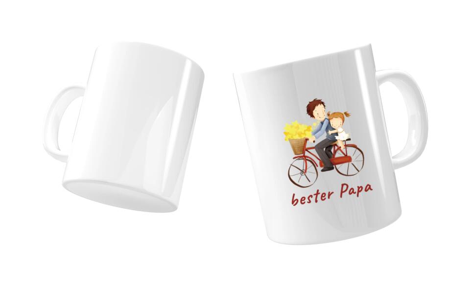 Vatertag Tasse mit Motiv von Papa und Tochter auf dem Fahrrad und unten mit Txt bester Papa. Auf der Rückseite der Tasse kann man ein Foto hinzufügen.
