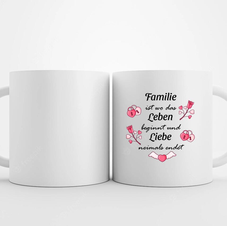 Tasse mit Spruch für Familie "Familie ist wo das Leben beginnt und Liebe niemals endet".