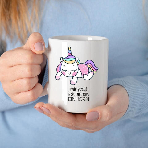 Tasse mit Einhorn und lustigem Spruch "Mir egal, ich bin ein Einhorn"