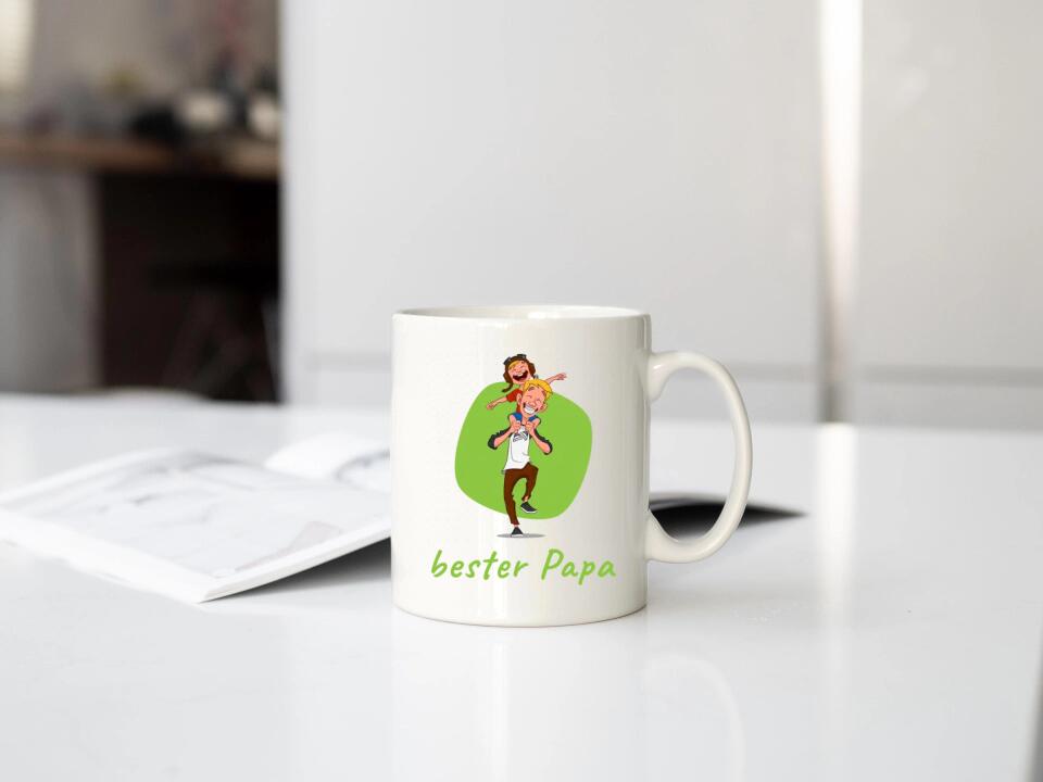 Papa Tasse mit Zeichnung von Papa der seinen Sohn trägt. 