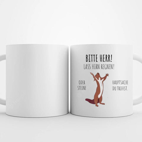 Lustige Tasse mit Spruch und Motiv Bitte Herr lass Hirn regnen zusätzlich mit Foto bedrucken lassen