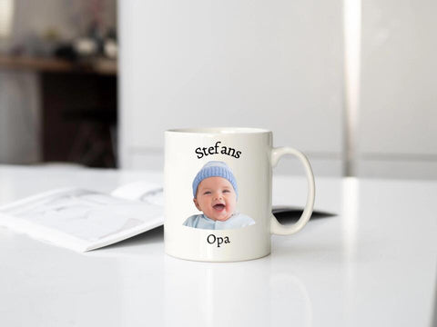 Fototasse mit Name und Gesicht des Kindes als Geschenk für Opa.