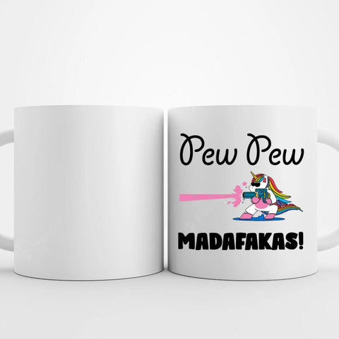 Fototasse mit Einhorn Motiv Pew Pew Madafakas