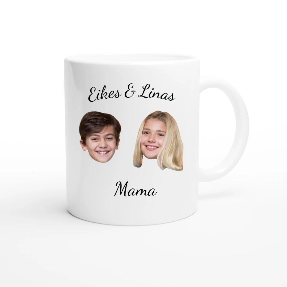 Mama Tasse personalisiert mit Namen und Gesichtsfoto von zwei Kindern